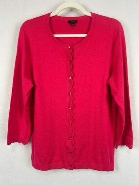 Talbots Pink Scallop-Trim Spring Cotton/Tencel Knit Cardigan 3/4 Sleeve sz L